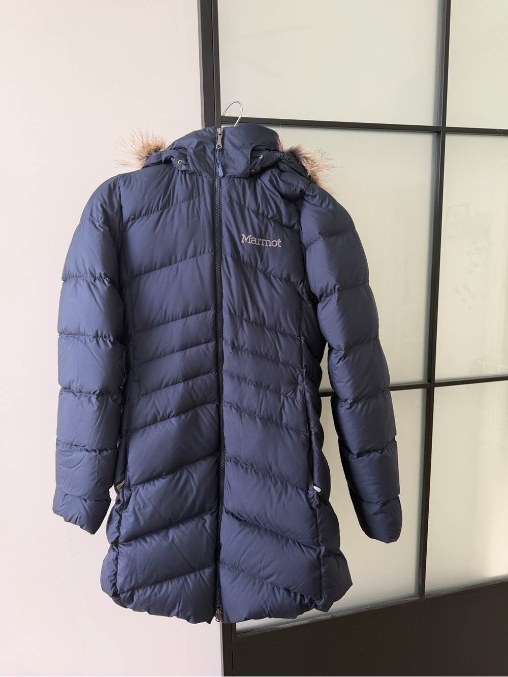 Marmot Navy Puffer Coat with Faux Fur-Trim Hood
